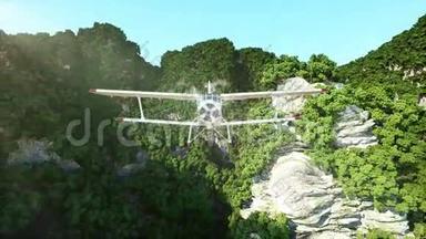 白色的双飞机在山崖上飞行，上面有树木。 救援者。 空中三维动画。
